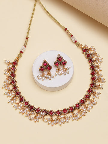 Karatcart Gold Plated Red Stone Studded Kundan Jewellery Set for Women