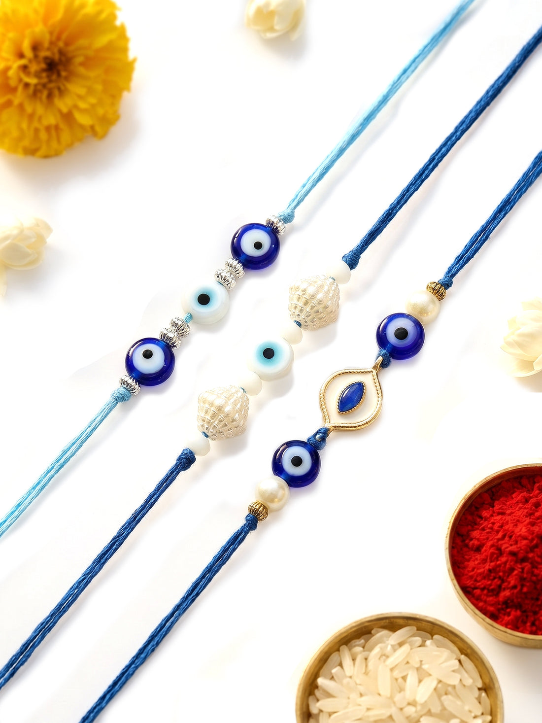 KARATCART Set of 3 Handmade Meenakari Evil Eye Kundan Rakhis for Brother with Roli & Chawal