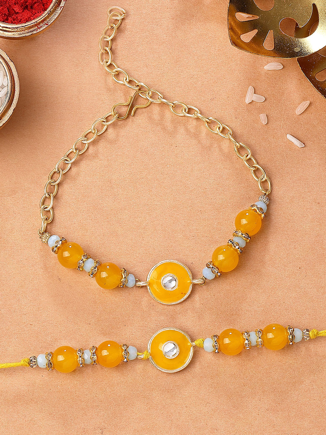 Karatcart Gold Plated Yellow Meena Floral Kundan Bhiya Bhabhi Rakhi with Roli & Chawal