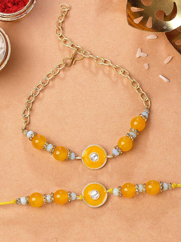 KARATCART Gold Plated Yellow Meena Floral Kundan Bhaiya Bhabhi Rakhi with Roli & Chawal
