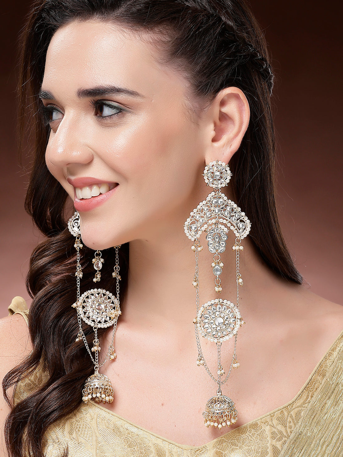 Karatcart Traditional Gold-Plated Kashmiri Kundan Long Drop Earrings with Jhumki Design for Women