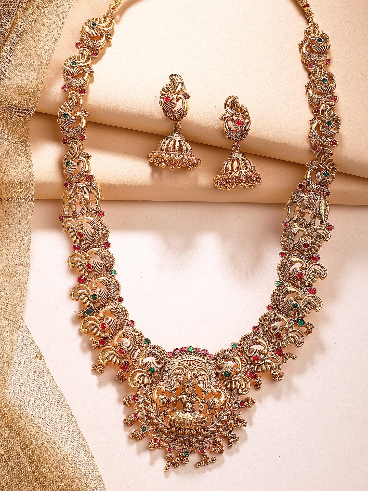 KARATCART Traditional Gold-Plated Laxmi Mata and Peacock Rani Haar Temple Jewellery Set for Women