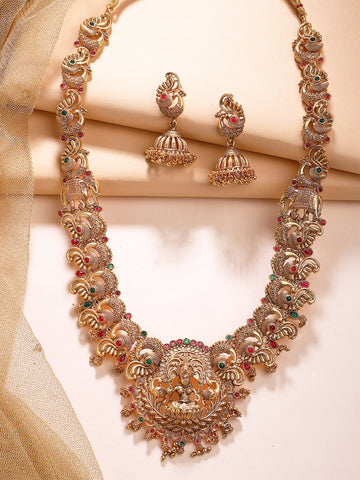 KARATCART Traditional Gold-Plated Laxmi Mata and Peacock Rani Haar Temple Jewellery Set for Women