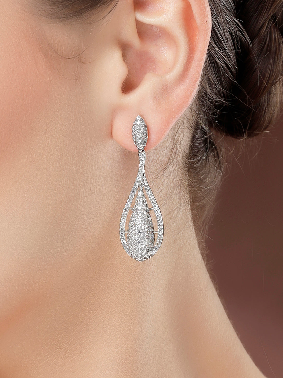 Karatcart Silver Plated Teardrop American Diamond Earrings for Women