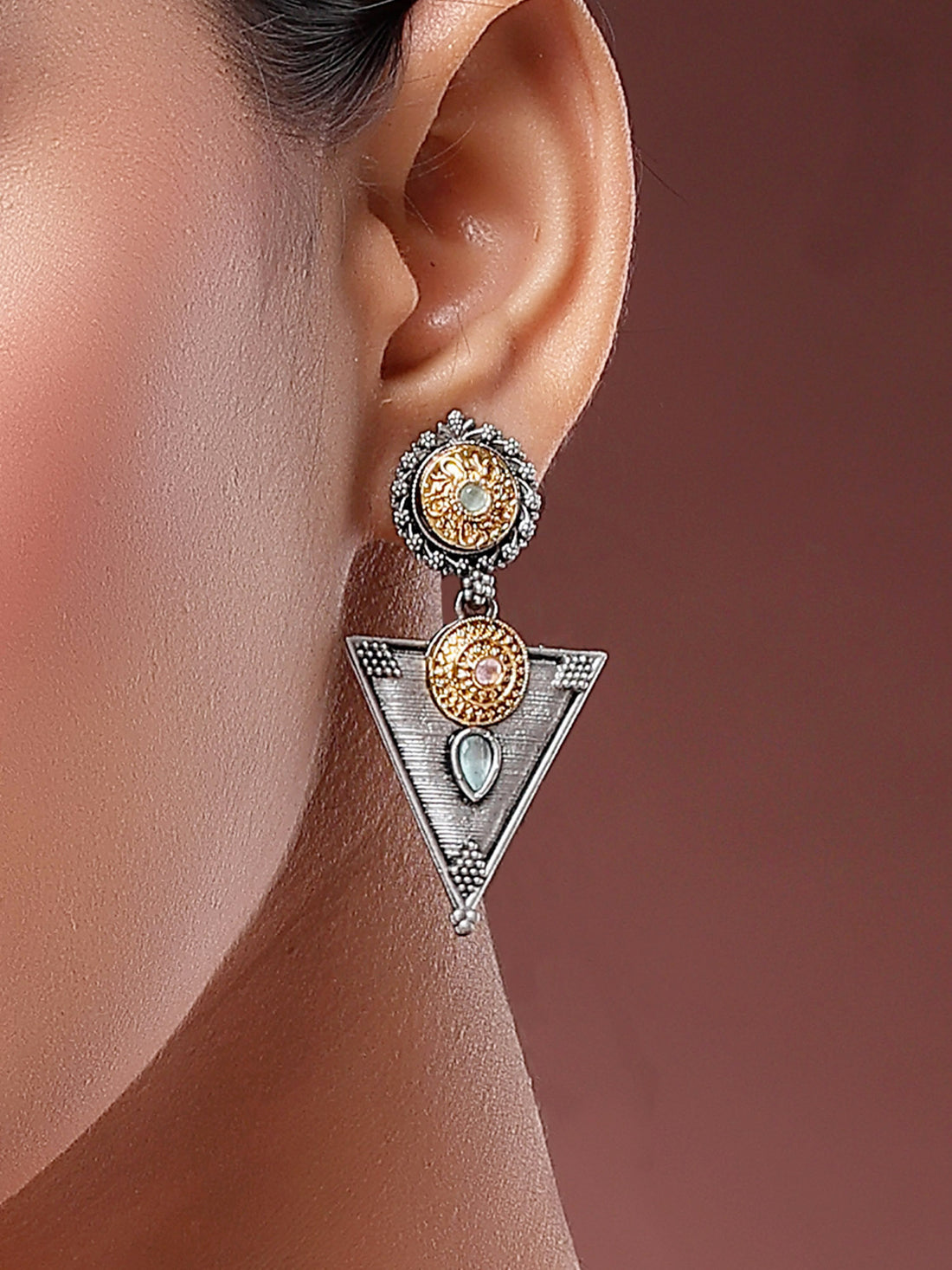 Karatcart Dual-Toned Oxidized Statement Earrings with Intricate Triangle Design and Pastel Green Stones for Women