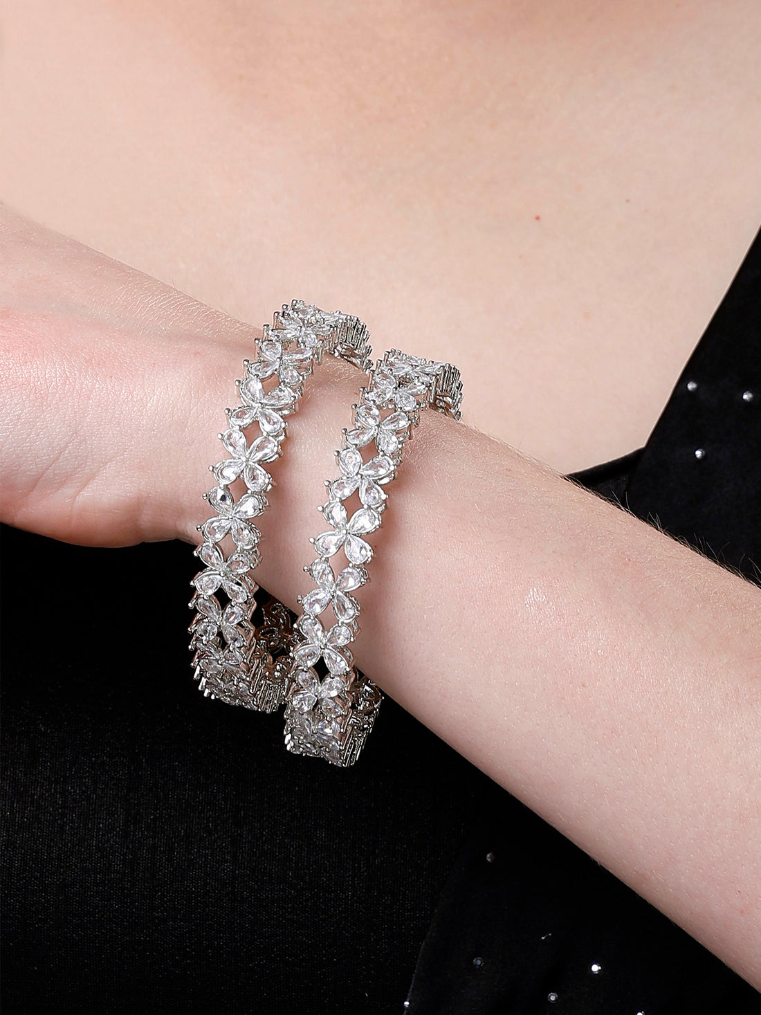 Karatcart Set of 2 American Diamond Studded Silver Plated Floral Bangles for Women