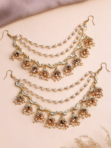 KARATCART Traditional Gold-Plated Peacock Kundan and Jhumki Kaanchain Earrings for Women