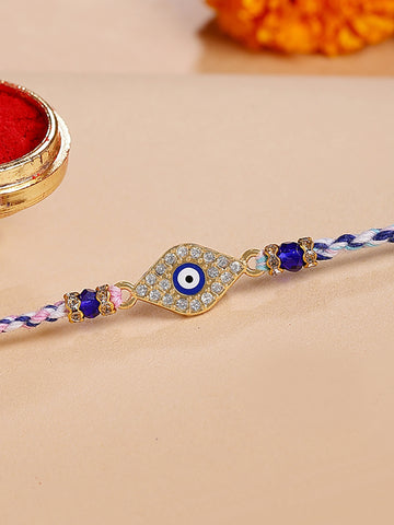 KARATCART Gold Plated Blue American Diamond Diamond Shape Evil Eye Bhaiya Rakhi with Roli & Chawal