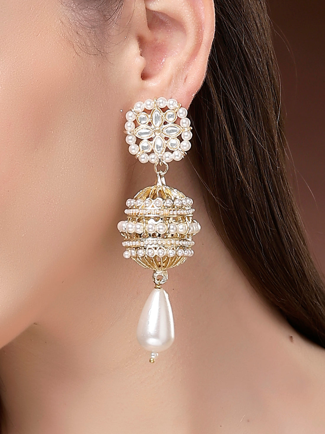 Karatcart Traditional Handcrafted Gold-Plated Teardrop Pearl Dome Kundan Dangler Earrings for Women