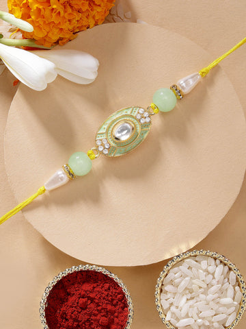 KARATCART Traditional Lime Green Meenakari Handmade Polki Kundan Rakhi for Brother with Roli Chawal