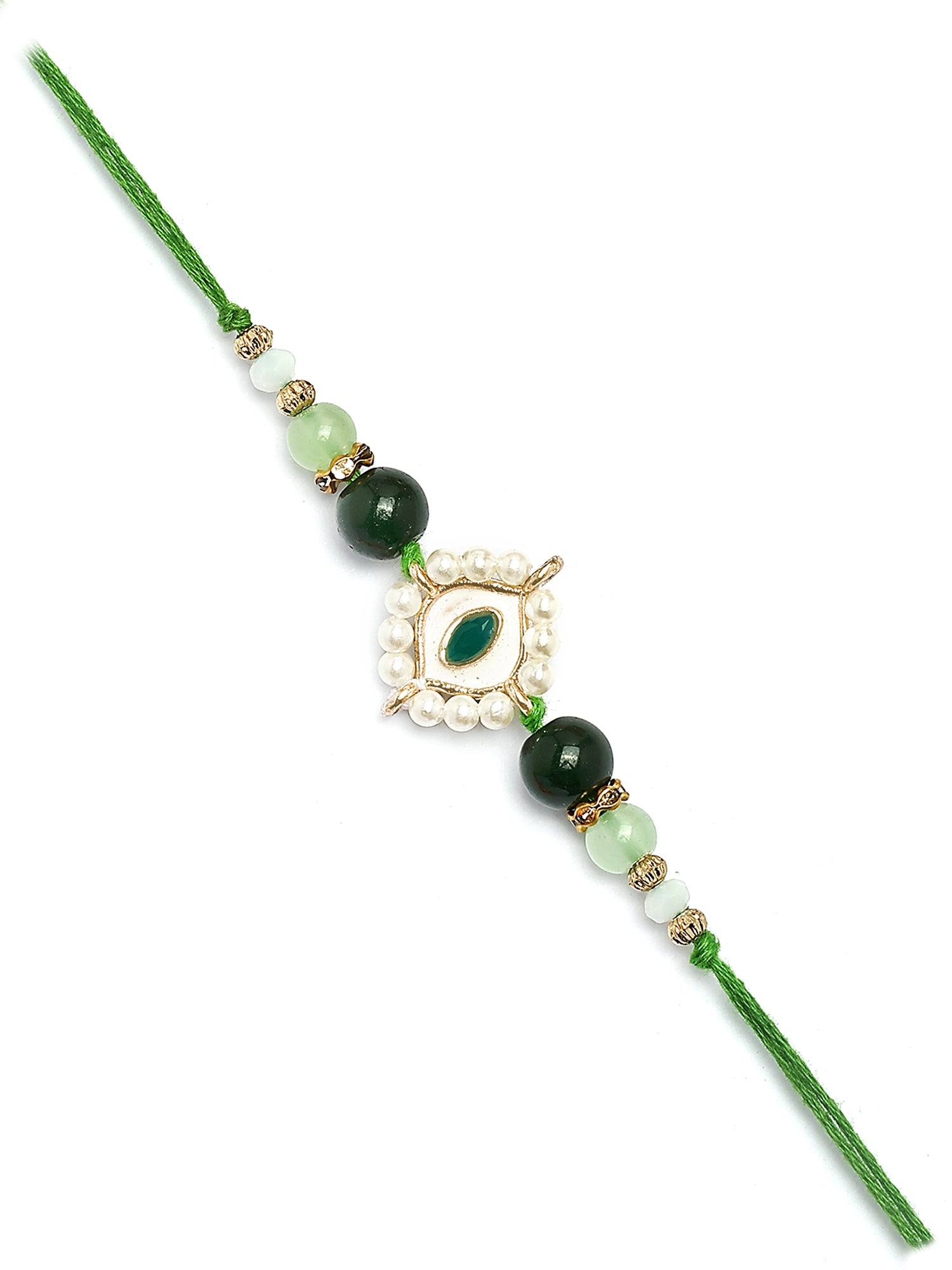 Karatcart Gold Plated Green Evil Eye Kundan Bhiya Rakhi with Roli & Chawal