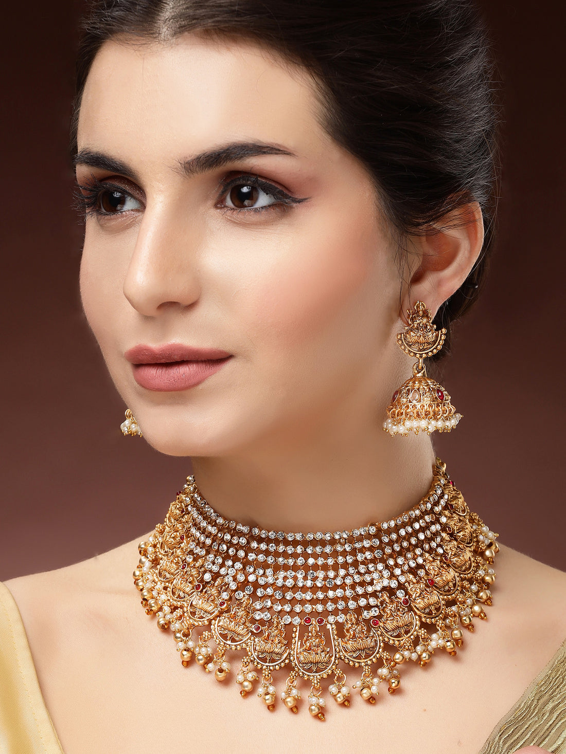 Karatcart Gold Plated Laxmi Mata Stone Studded Choker Temple Jewellery Set for Women