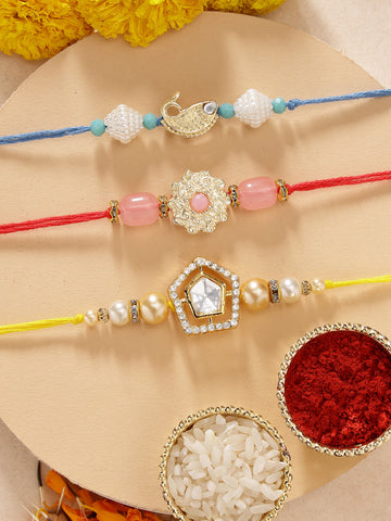KARATCART Set of 3 Handmade Polki Kundan Rakhis for Brother with Roli & Chawal