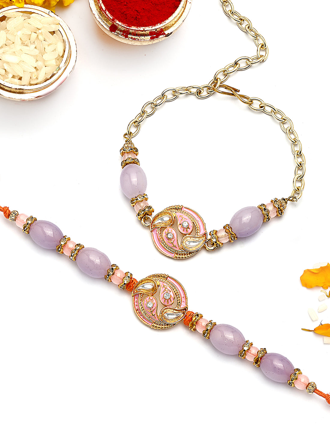 KARATCART Gold Plated Pink Meena Purple Beads Floral Kundan Bhaiya Bhabhi Rakhi with Roli & Chawal