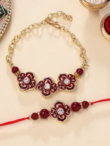 KARATCART Gold Plated Red Meena Floral Kundan Bhaiya Bhabhi Rakhi with Roli & Chawal