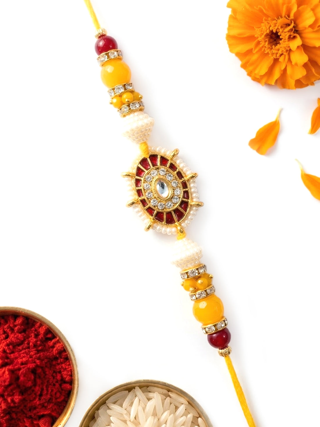 KARATCART Gold Plated Red and Yellow Sun Design Kundan Bhaiya Rakhi with Roli & Chawal