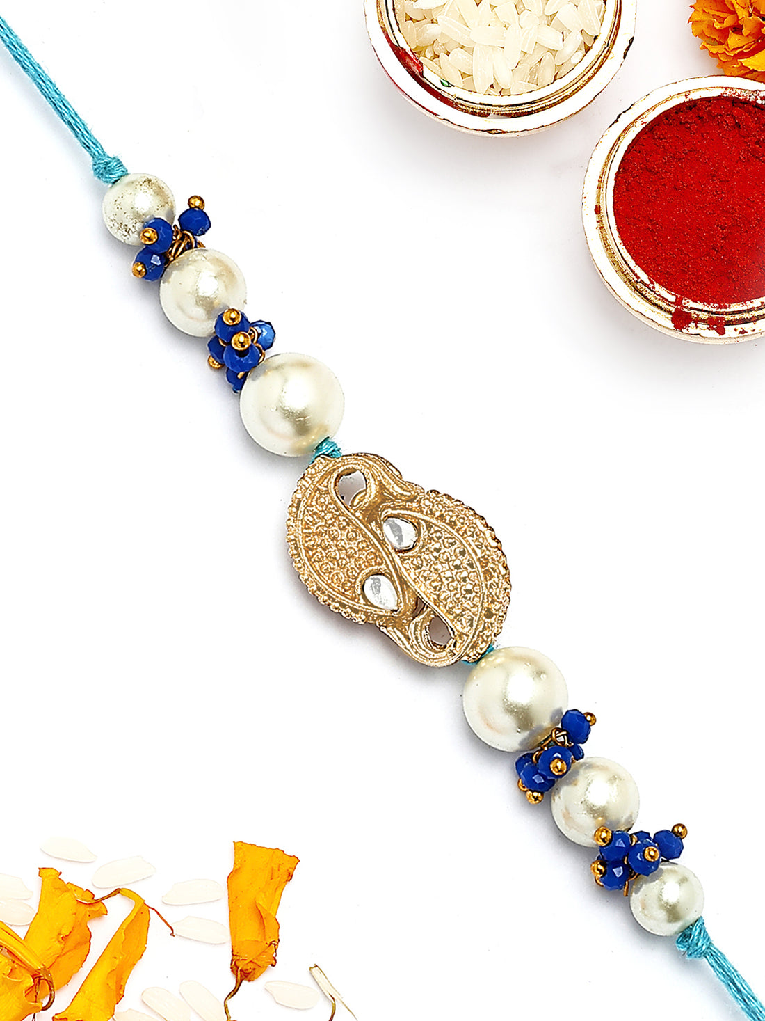 KARATCART Gold Plated Fish Design Blue Crystal Kundan Bhaiya Rakhi with Roli & Chawal