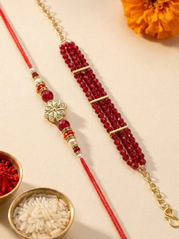 KARATCART Gold Plated Red Crystal Floral Bhaiya Bhabhi Rakhi with Roli & Chawal