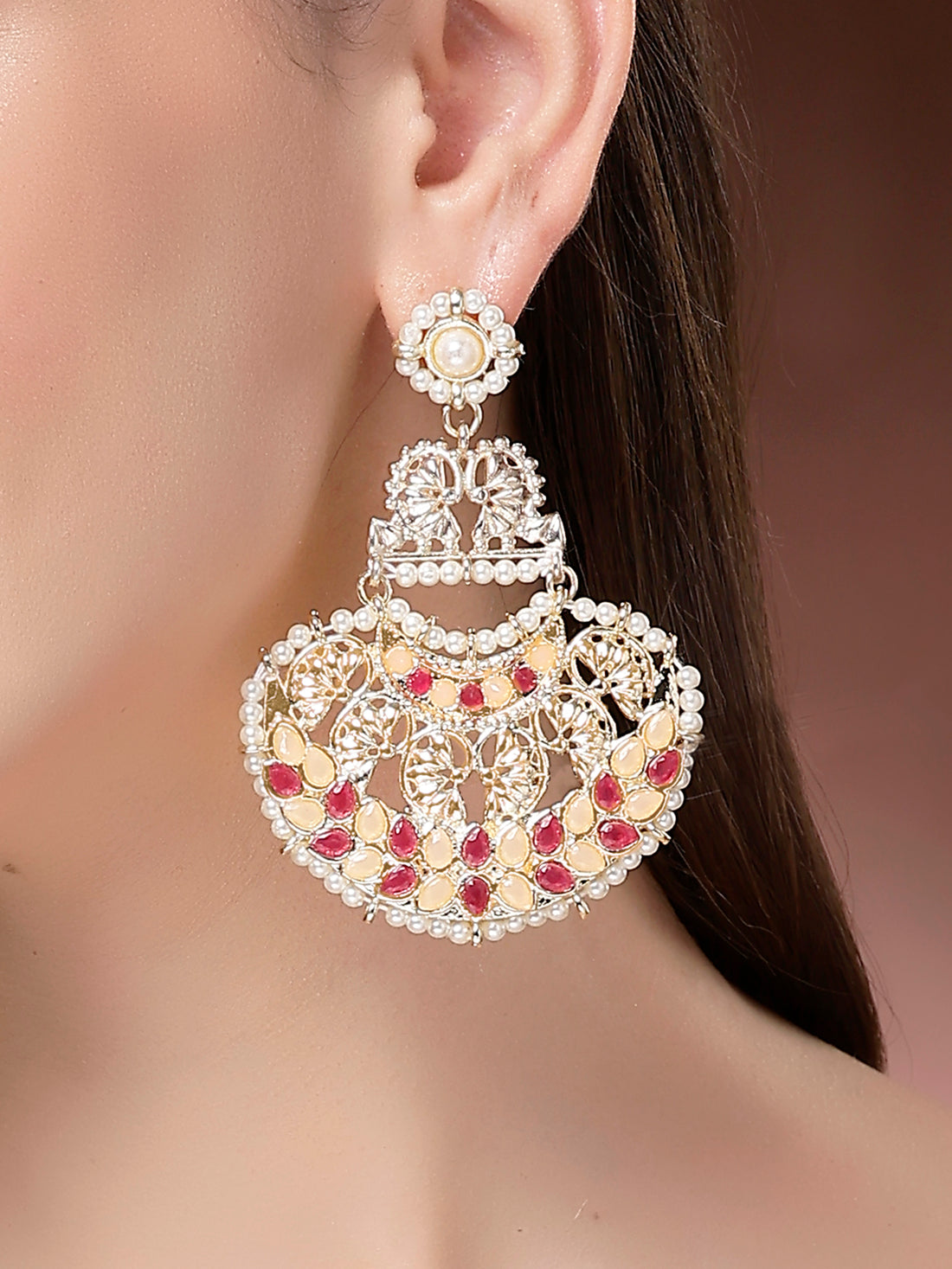 Karatcart Traditional Gold-Plated Red and Peach Kundan Dangler Earrings for Women