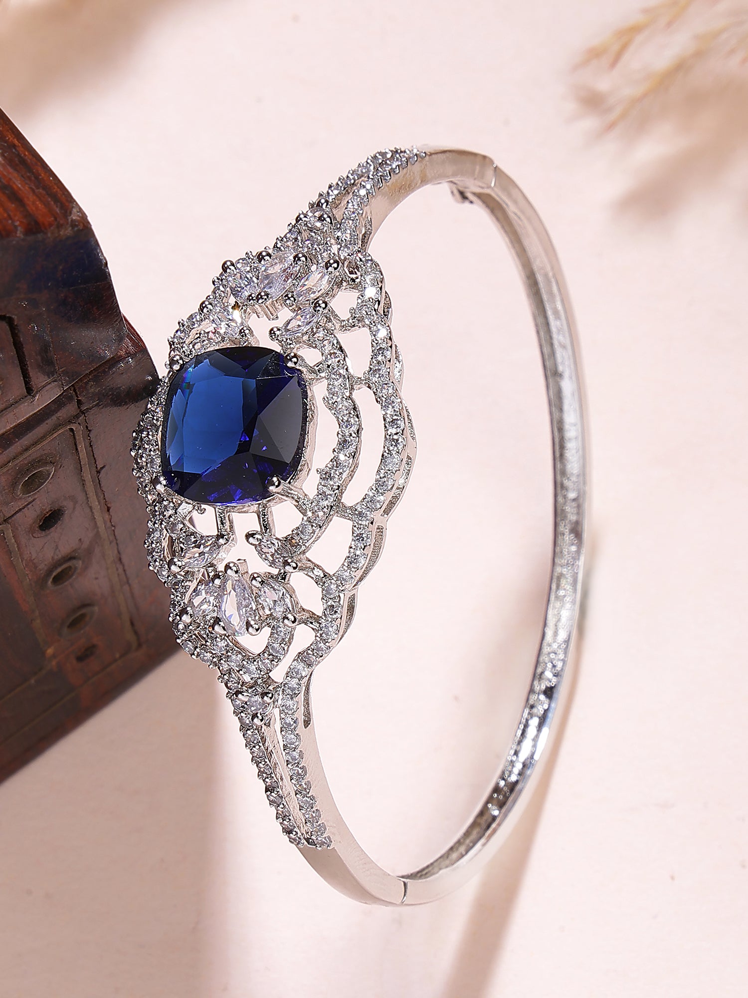 Karatcart Elegant Silver Plated Blue American Diamond Designer Bracelet for Women