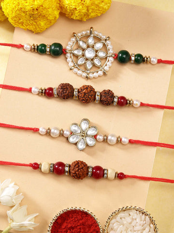 KARATCART Set of 4 Gold-Plated Kundan Rakhi with Roli Chawal for Brother