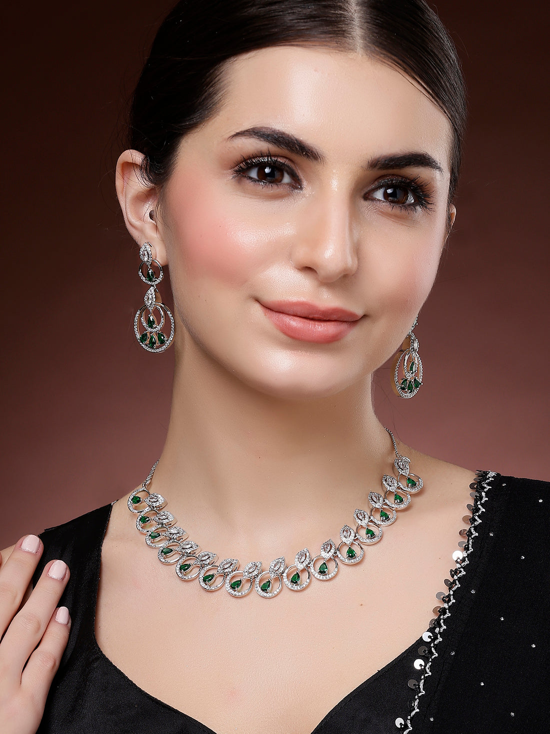 Karatcart Elegant Green American Diamond Silver Plated Necklace Set for Women