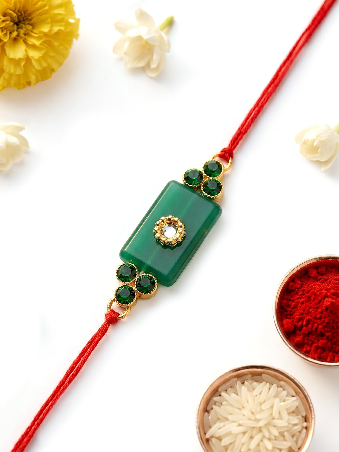 KARATCART Beautiful Green Stone and Crystal Handmade Rakhi for Brother with Roli Chawal