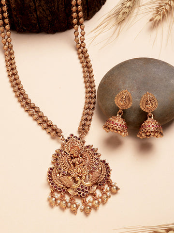 Karatcart Gold Plated Laxmi Mata Temple Long Jewellery Set for Women