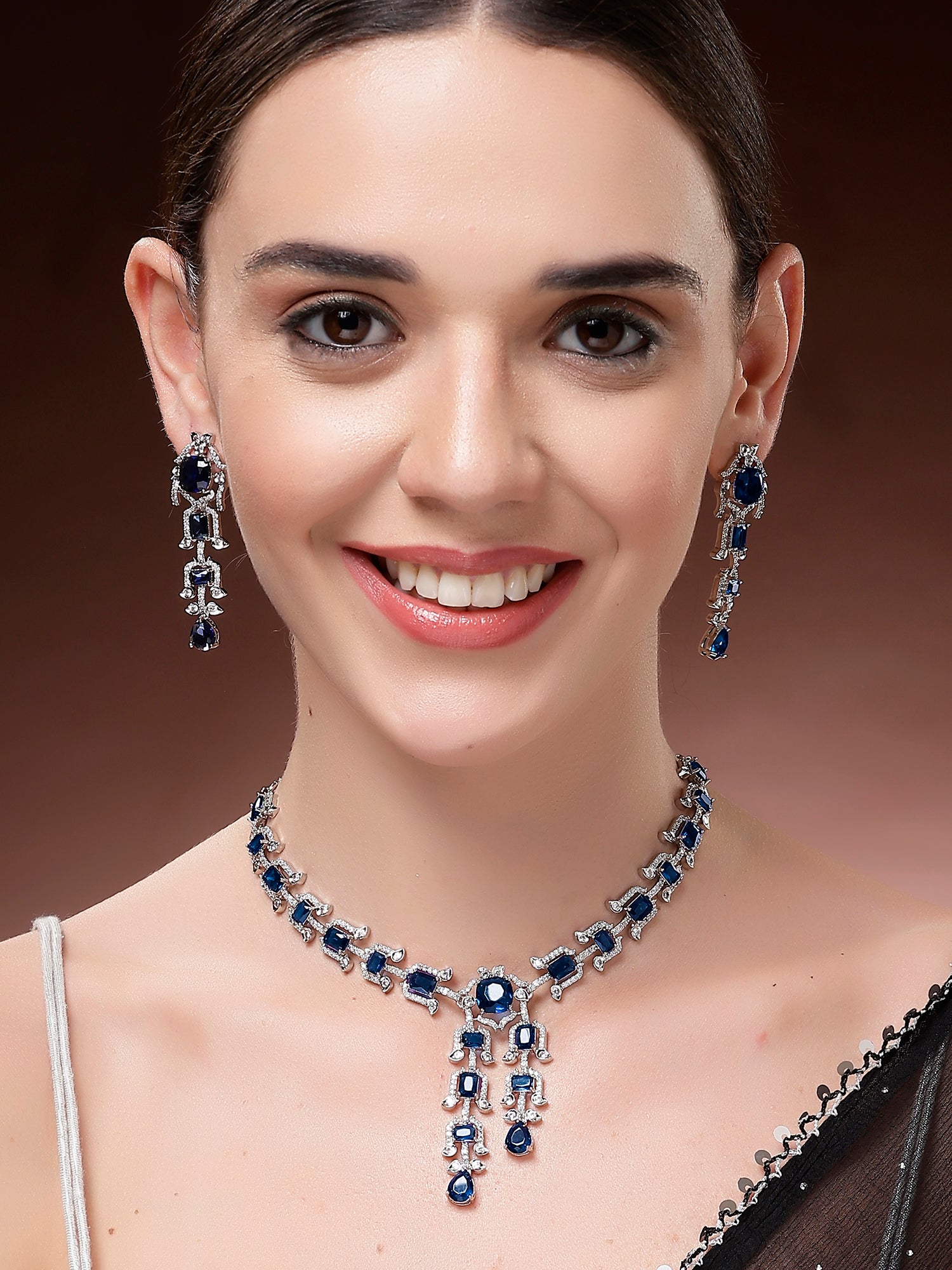 Karatcart Blue Traditional American Diamond Necklace Set for Women - view 3