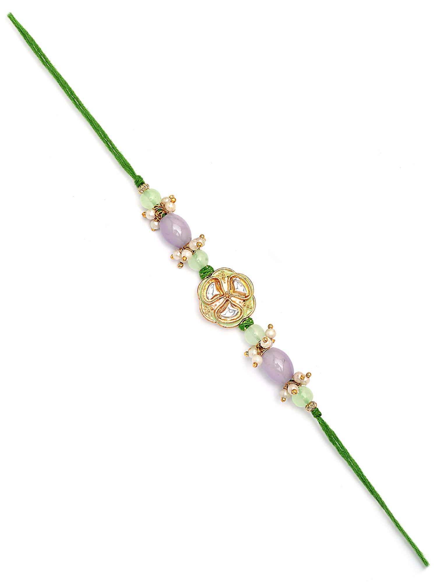 Karatcart Gold Plated Lime Green and Purple Beads Kundan Bhiya Bhabhi Rakhi with Roli & Chawal