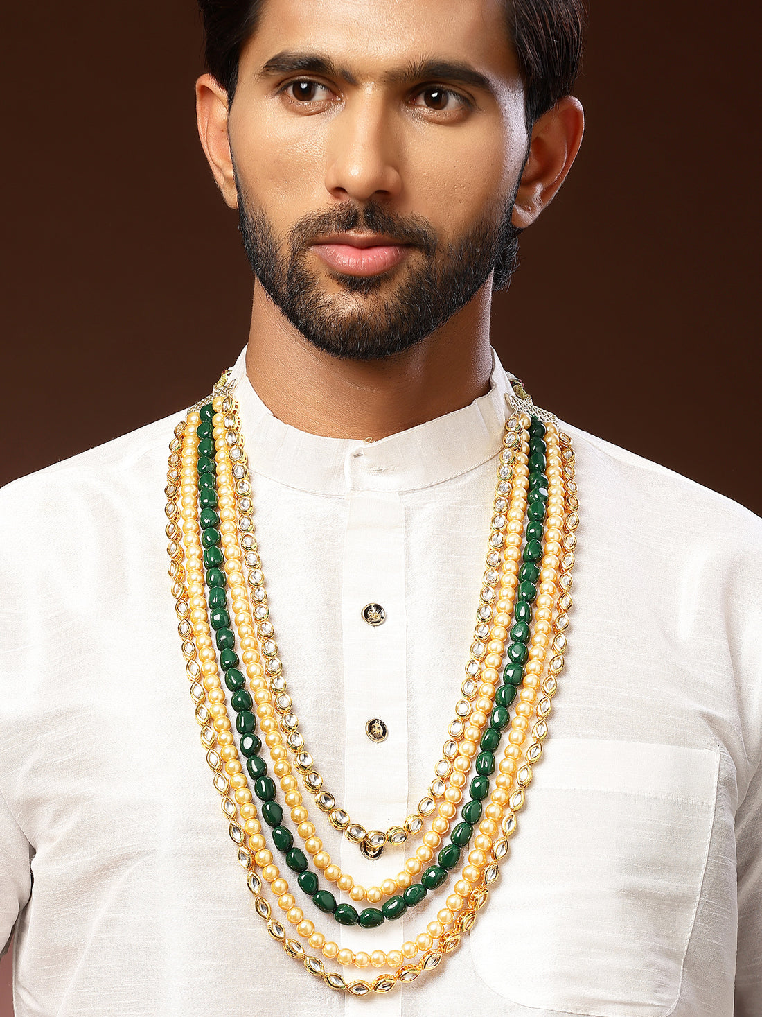 Karatcart Green Tumble Golden Pearl Polki Kundan Maharaja Haar for Men