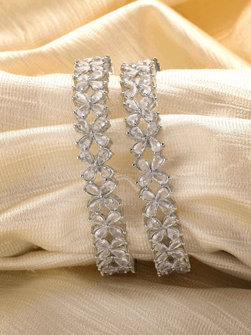 Karatcart Set of 2 American Diamond Studded Silver Plated Floral Bangles for Women