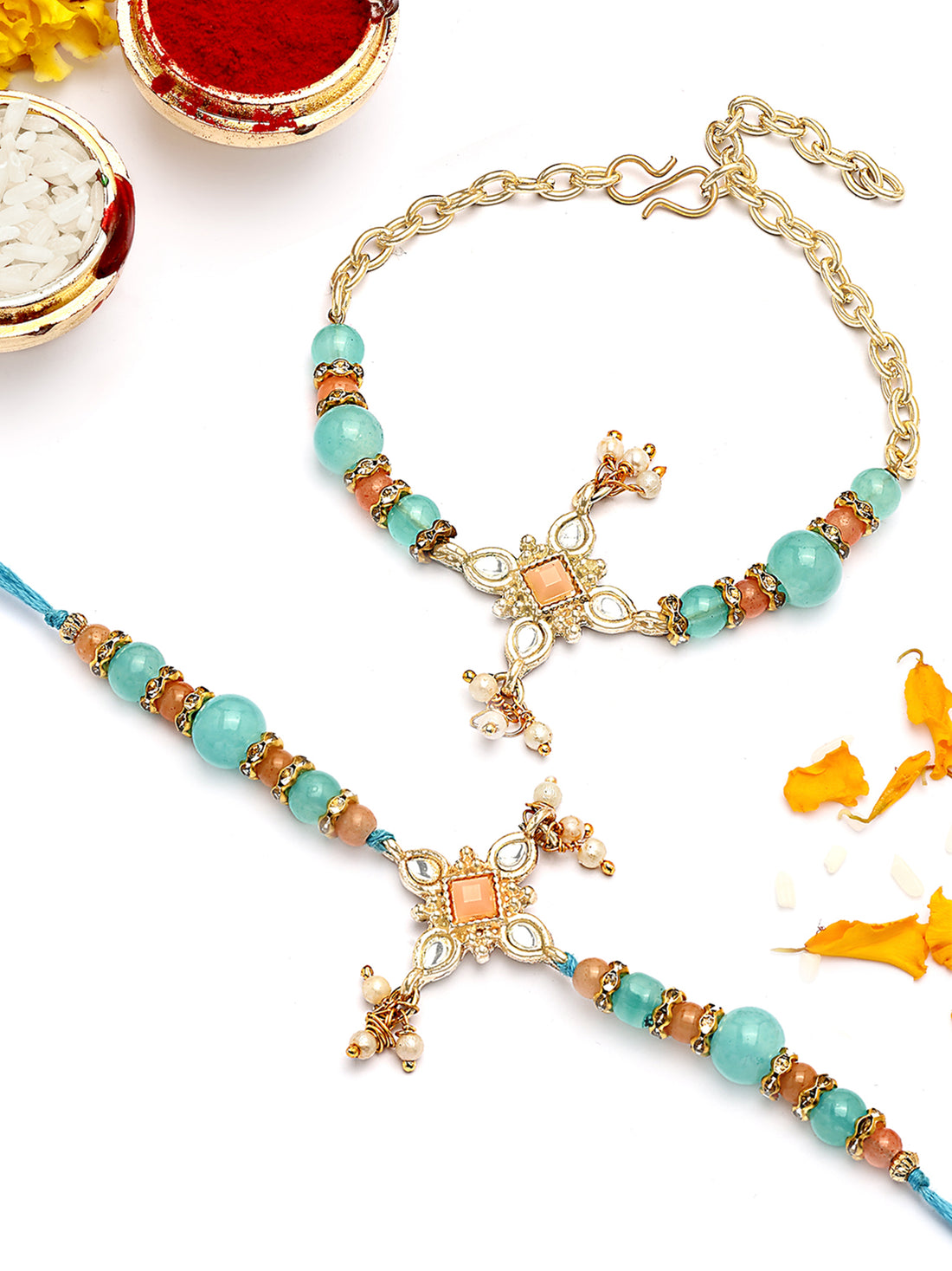 KARATCART Gold Plated Light Blue and Peach Beads Kundan Bhaiya Bhabhi Rakhi with Roli & Chawal