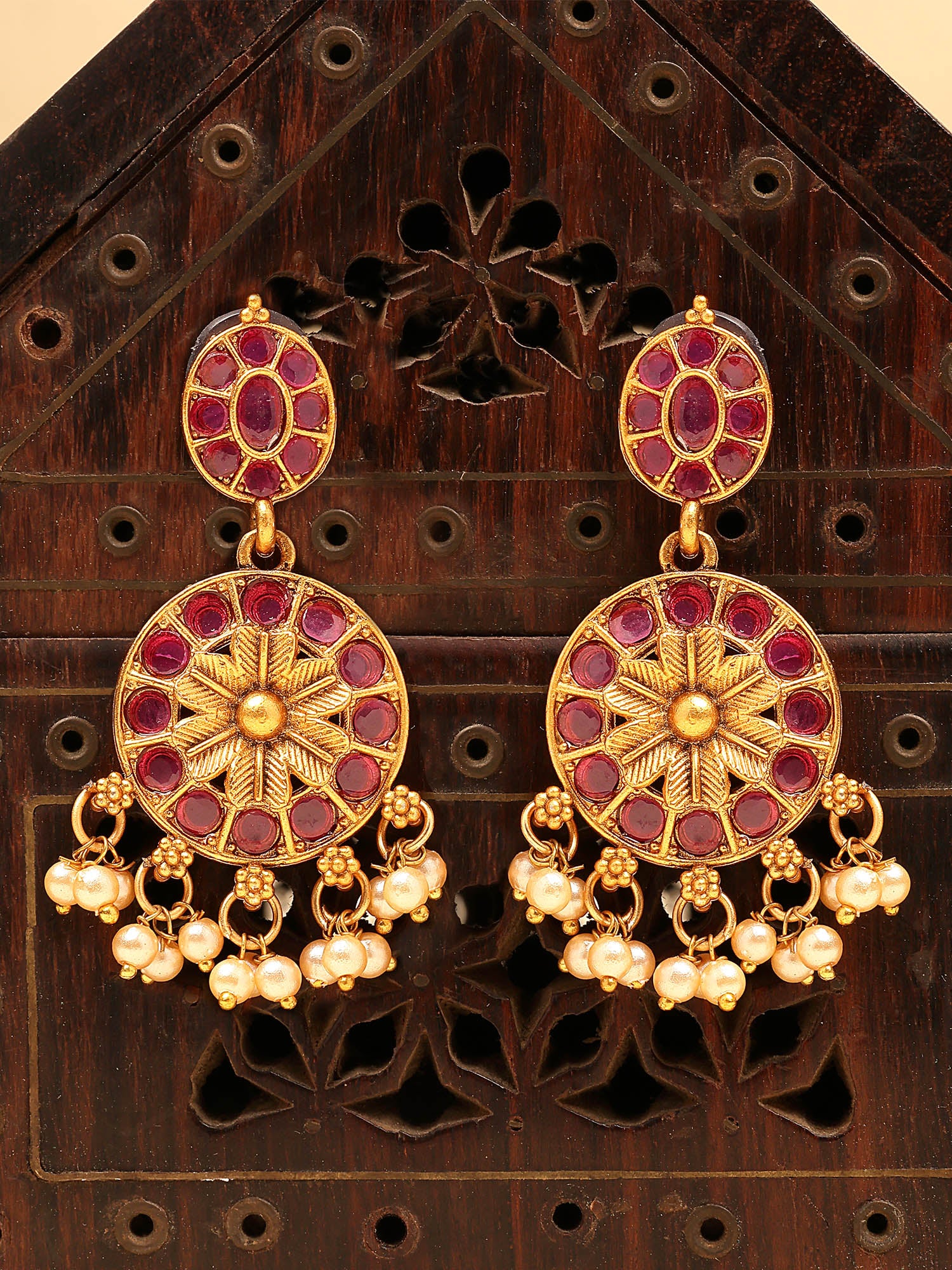 Karatcart Antique Gold Plated Red Tribal Drop Earrings for Women
