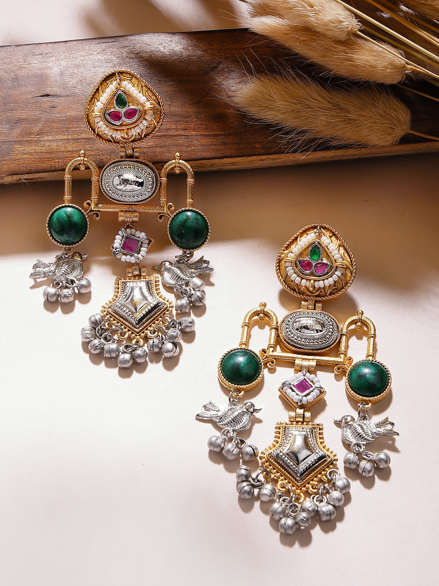 Karatcart Ethnic Gold and Silver Plated Green Stone Dual-Tone Bird Motif Dangler Earrings for Women