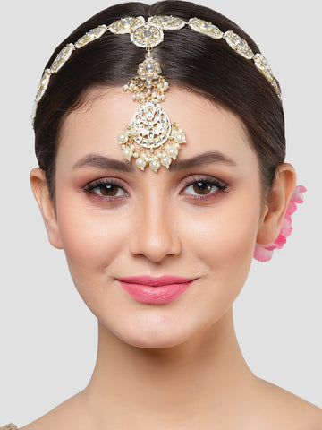 Karatcart Gold Plated White Pearl Studded & Kundan Beaded Sheeshphool