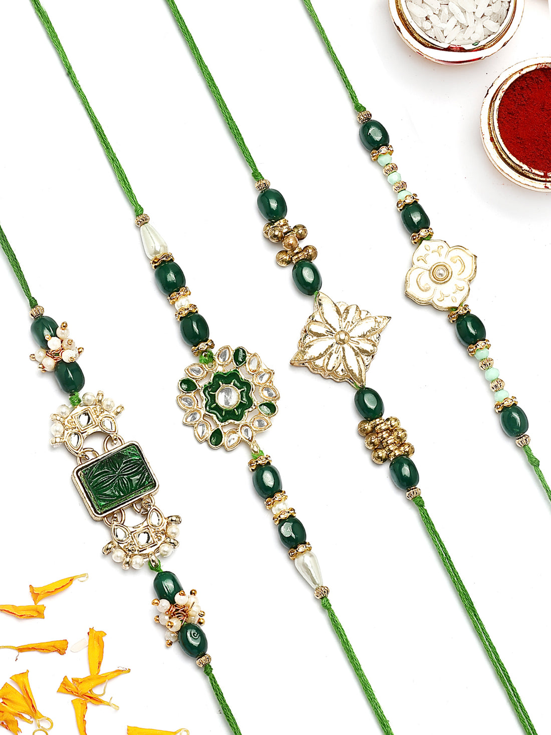 KARATCART Set of 4 Green Carved Stone Floral Kundan Rakhi for Brother with Roli & Chawal
