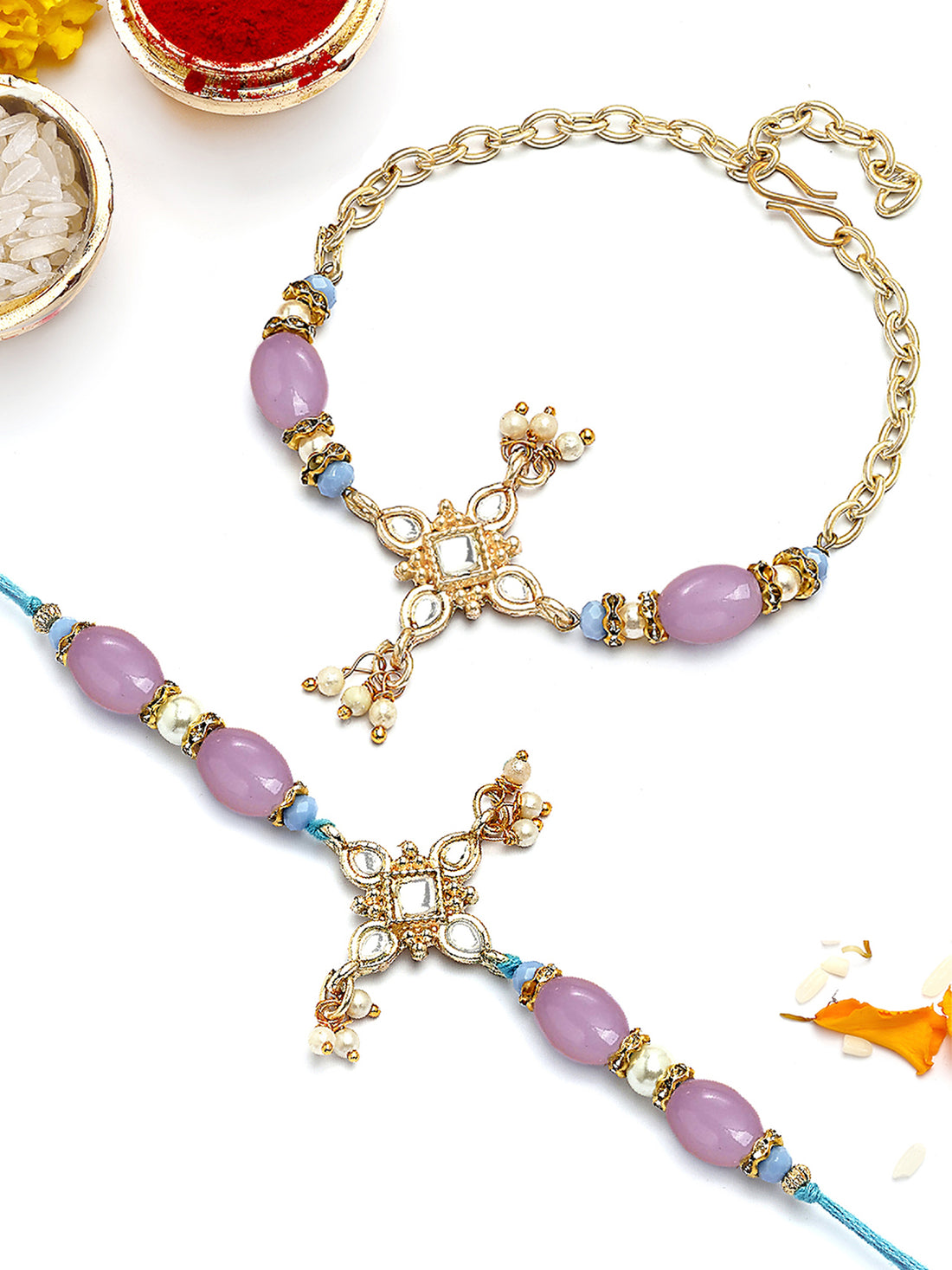 KARATCART Gold Plated Purple Beads Floral Kundan Bhaiya Bhabhi Rakhi with Roli & Chawal