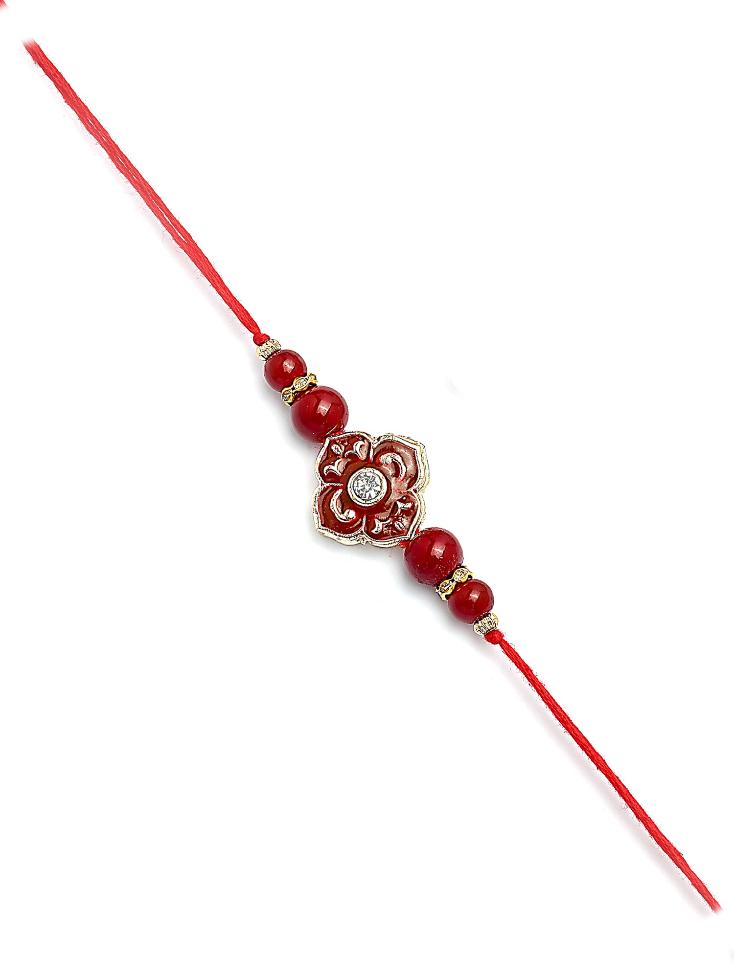 Karatcart Gold Plated Red Meena Floral Kundan Bhiya Bhabhi Rakhi with Roli & Chawal