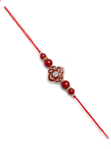 Karatcart Gold Plated Red Meena Floral Kundan Bhiya Bhabhi Rakhi with Roli & Chawal