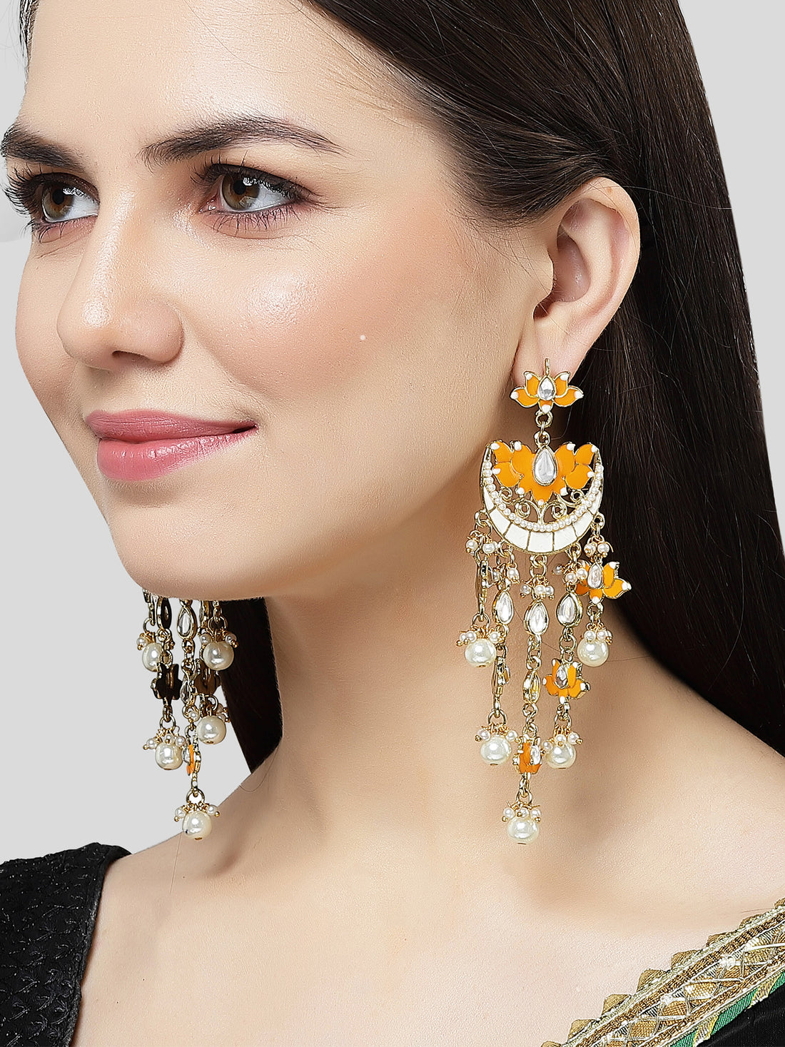 Karatcart Gold Plated Orange Meena Lotus Design Kundan Dangler Earring for Women