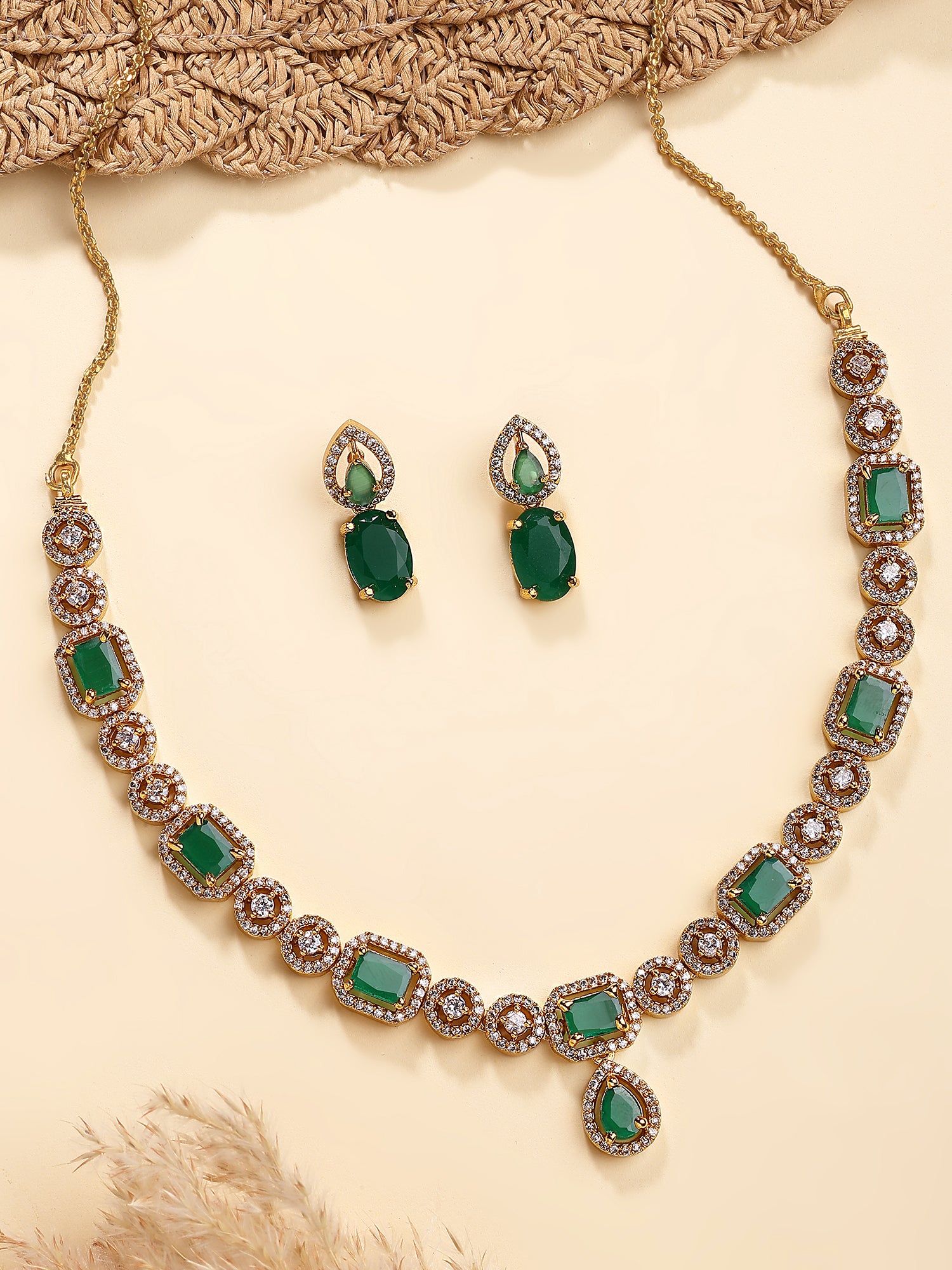 KARATCART Designer Gold-Plated Red American Diamond Jewellery Set for Women