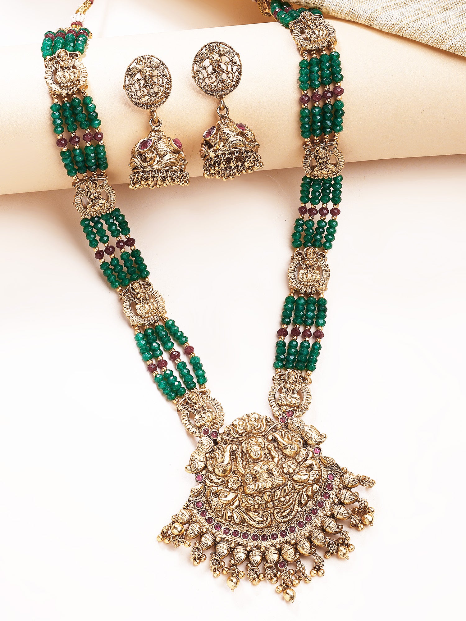 KARATCART Traditional Gold Plated Green Crystal Laxmi Mata Rani Haar Temple Jewellery Set