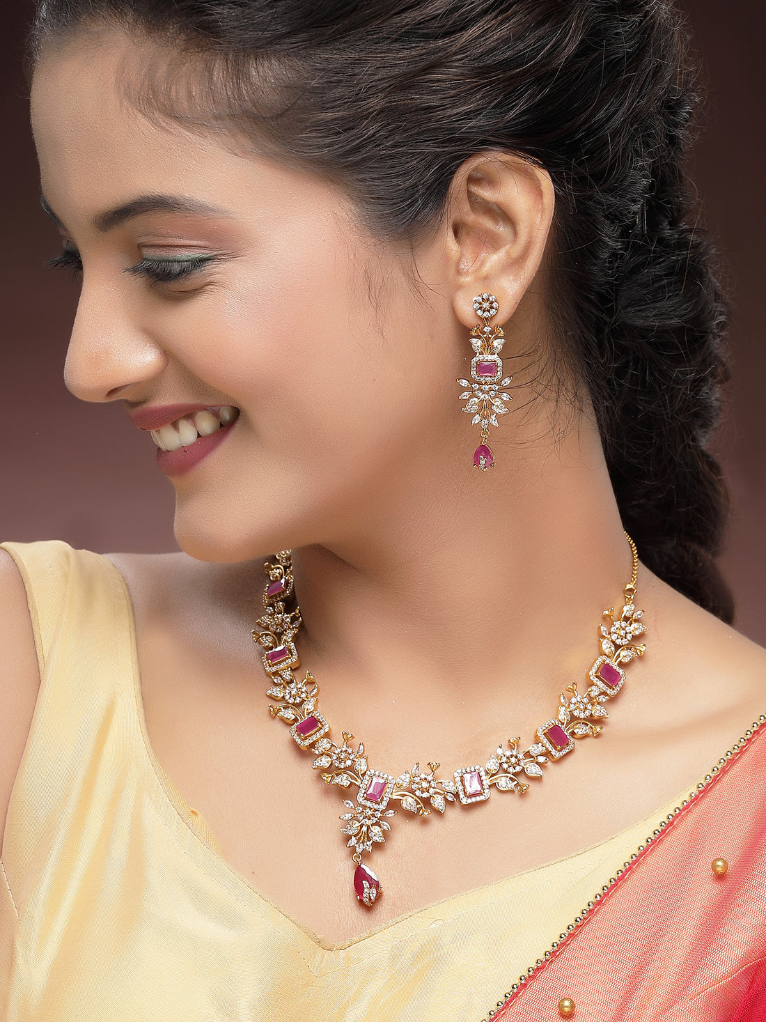 KARATCART Designer Gold-Plated Red American Diamond Floral Jewellery Set for Women