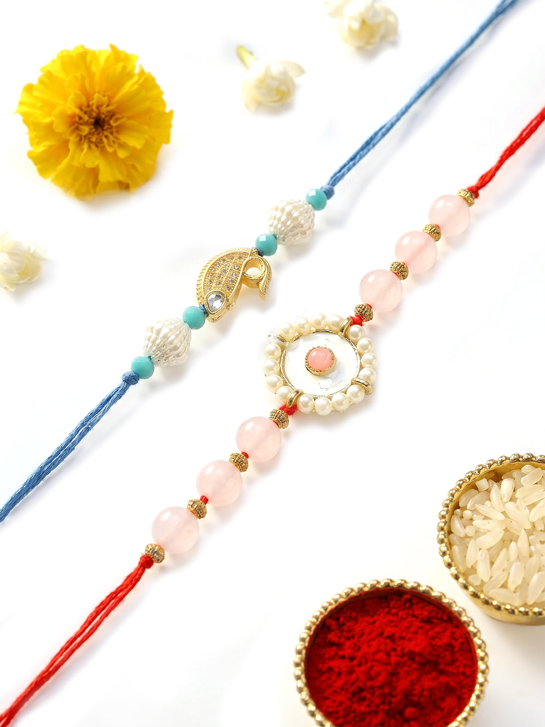 KARATCART Set of 2 Pink Beads Blue Fish Shape Handmade Kundan Rakhi for Brother with Roli & Chawal