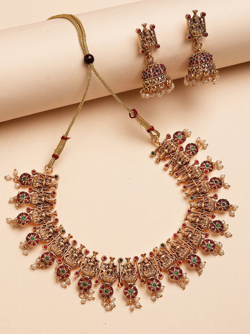 Karatcart Red and Green Stone Laxmi Mata and Floral Temple Jewellery Set for Women