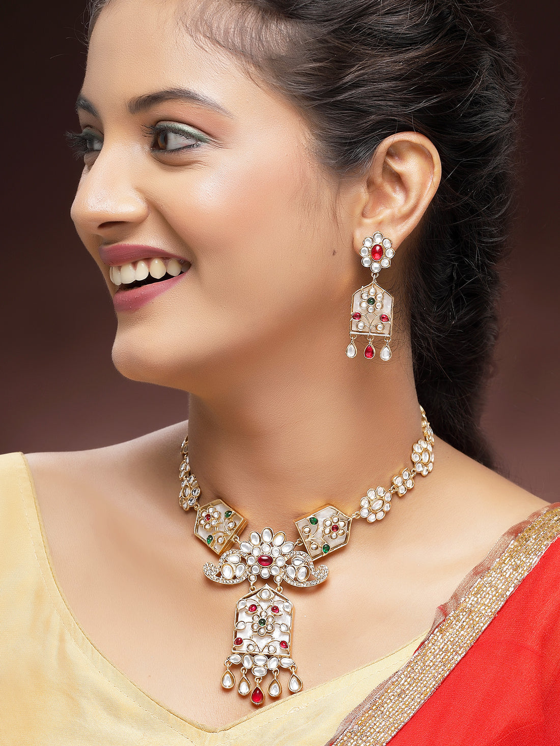 KARATCART Designer Gold-Plated Long Kundan Necklace Jewellery Set for Women