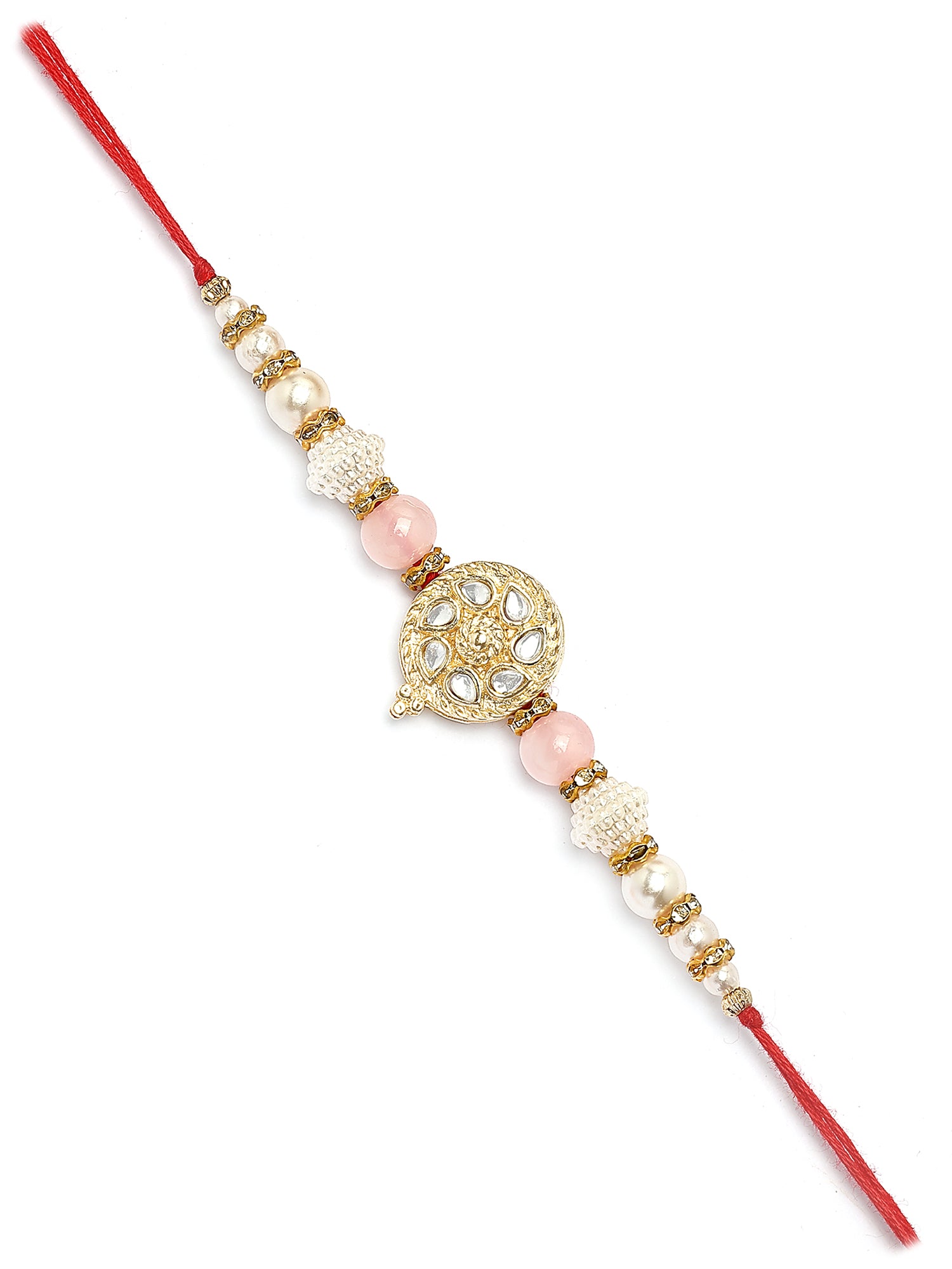 Karatcart Gold Plated Pink and White Beads Kundan Bhiya Rakhi with Roli & Chawal
