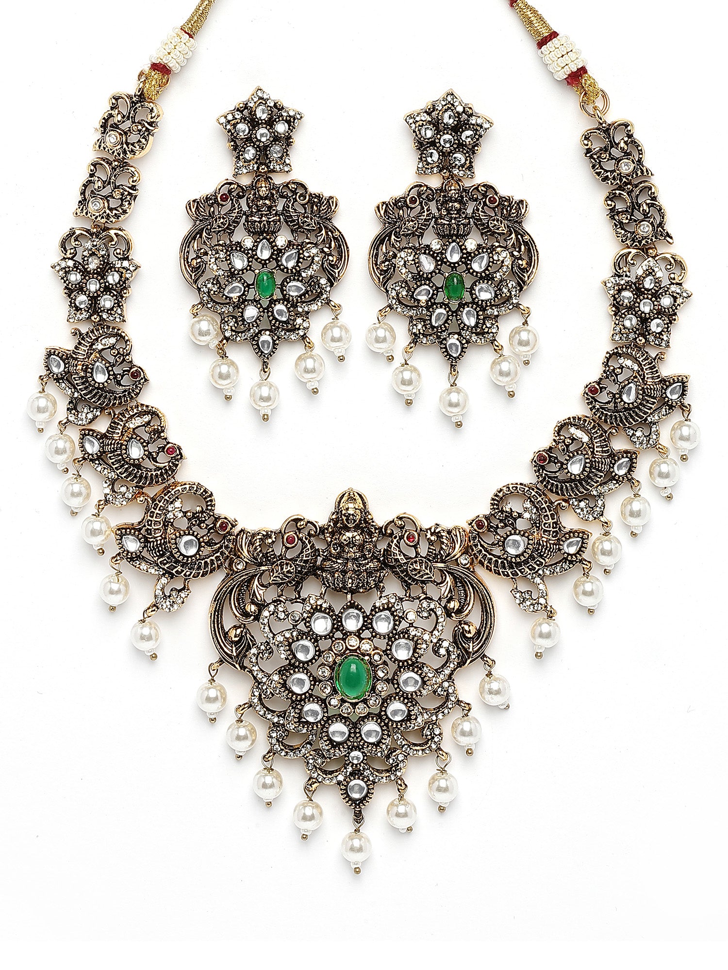 Karatcart Antique Gold Plated Green Stone Temple Jewellery Set for Women - view 4