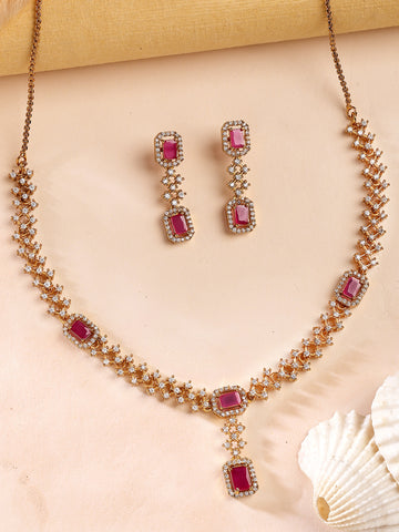 KARATCART Delicate Gold-Toned Necklace Set with Ruby Pink Stones for Women